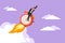 Graphic flat design drawing of businesswoman riding alarm clock rocket ship with fire, clouds. Time to work, watch, limited offer