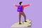 Graphic flat design drawing climber man stands with arm outstretched on top of mountain. Winner motivational concept. Tourist with