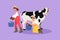 Graphic flat design drawing couple farmers milking a cow in the bucket. Breeding cows. Ranch or farm. Livestock or cattle.