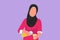 Graphic flat design drawing cute Arab woman pouring orange juice into glass from bottle while having breakfast at home. Healthy