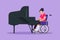 Graphic flat design drawing disabled beautiful woman in wheelchair playing piano in concert. Classical music performance in