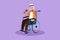 Graphic flat design drawing disabled person enjoying life. Attractive Arabian man sitting in wheelchair singing at karaoke