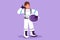 Graphic flat design drawing female astronaut standing with call me gesture wearing spacesuit exploring earth, moon, other planets