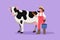 Graphic flat design drawing female farmer character standing near cow with bucket. Woman feeding farm animal. Cute rural scene