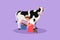 Graphic flat design drawing female farmer milking a cow in the bucket. Breeding cows. Ranch or farm. Livestock or cattle.