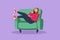 Graphic flat design drawing female relaxing on comfortable couch with coffee or tea cup in hands. Woman enjoy weekend relax at
