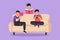 Graphic flat design drawing friendly family reads books together in living room at home. Brothers and children are sitting on