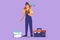 Graphic flat design drawing handywoman stands and holding long roll paintbrush with call me gesture and toolbox. Ready to home