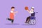 Graphic flat design drawing happy lifestyle of disabled people concept. Little Arab boy in wheelchair playing ball with male
