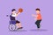 Graphic flat design drawing happy lifestyle of disabled people concept. Little cute boy in wheelchair playing ball with male