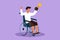 Graphic flat design drawing happy sporty man in wheelchair hold golden cup trophy winner podium. Disabled person. Tournament game
