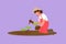 Graphic flat design drawing happy young female farmer planting plant shoots in the ground. Start the planting tree period. Success
