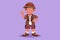 Graphic flat design drawing little boy scout wearing safari outfit complete with hat, carrying bag and draping binoculars.