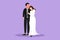 Graphic flat design drawing loving married couple walking, hugging and holding hands. Happy man wearing suit and pretty woman with