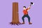 Graphic flat design drawing lumberjack with an ax chopping wood. Woodcutter chopping tree with axe. Wearing shirt, jeans and boots