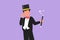 Graphic flat design drawing magician in tuxedo with celebrate gesture wear hat and holds magic stick ready to entertain audience