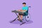 Graphic flat design drawing male keyboardist sit wheelchair playing electric keyboard and sing a song. Musical performance in