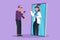 Graphic flat design drawing male patient holding smartphone standing facing giant smartphone screen and consulting female doctor.