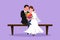 Graphic flat design drawing man gives flowers to woman and hug her on bench. Man giving to woman bouquet of flowers in wedding day