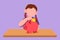 Graphic flat design drawing pretty little girl sitting near desk puts coins in a piggy bank and dreams of buy something in the