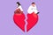 Graphic flat design drawing relationship break up, broken heart, couple facing opposite direction. Arabian man and beautiful woman