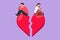 Graphic flat design drawing relationship break up, broken heart, couple facing opposite direction. Handsome man and beautiful