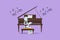 Graphic flat design drawing robot musician sitting and playing grand piano on stage. Modern robotic artificial intelligence.