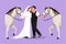 Graphic flat design drawing romantic married couple with horses. Young handsome man and beauty woman wearing wedding dress with