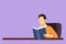 Graphic flat design drawing smart student sitting at table, holding book in hand. Active student reading book in library. Student