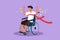 Graphic flat design drawing sporty man in wheelchair crossing finish line ribbon win competition. Happy winner, success champion.