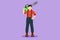 Graphic flat design drawing woodcutter holding chainsaw on his back or shoulder. Wearing suspender shirt, jeans, boots. Lumberjack