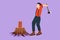 Graphic flat design drawing woodcutter or lumberjack chopping wood with axe. Wearing shirt, jeans and boots. Active man with ax in