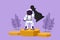 Graphic flat design drawing young astronaut holding and lifting pawn chess piece at first champion stage in moon surface. Winning