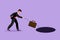 Graphic flat design drawing young businessman throws briefcase into hole. Failure to take advantage of business opportunities.