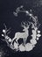 Graphic floral illustration - silver inked flowers frame / border / header with deer on navy textured background