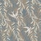 Graphic floral seamless pattern - flower leaves, branches & martlet bird illustration on grey - blue background