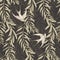 Graphic floral seamless pattern - flower leaves, branches & martlet bird illustration on khaki background