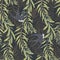 Graphic floral seamless pattern - flower leaves, branches & martlet bird illustration on khaki background