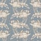 Graphic floral seamless pattern - mythological wolpertinger hare & flower bouquets on grey - blue background