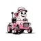 graphic of a ghost in a hat riding an old pink tractor