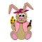 Graphic GirlBunny with Large Floppy Ears holding chocolate bunny and flowers.  Looks like she is home-made with stitches shown.