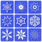 Graphic icons. White snowflakes crystals. Nine snowflakes on a blue background. Theme of winter and New year