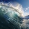 Graphic Image Of Wave Breaking At Sea Against Blue Sky And Sunlight