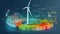 Graphic image of a windmill against the background of a diagram of energy production and use. Sustainable wind energy