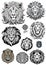 Graphic livis in a ragged style with ethnic patterns set of stickers