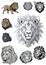 Graphic livis in a ragged style with ethnic patterns set of stickers