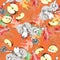 Graphic mushrooms on orange background. Seamless pattern.