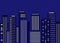 Graphic night cityscape. Office and residential buildings of big city. Row of skyscrapers of different heights. Vector