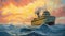 Graphic Novel Style Painting Of A Steamship Sailing On The Ocean At Sunset
