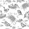 Graphic seamless background with sparrows and berries